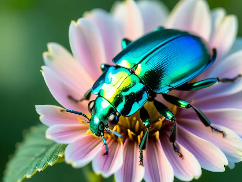 Un escarabajo iridiscente en una flor rosa