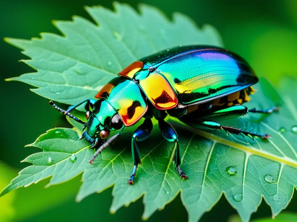 Un escarabajo iridiscente descansa sobre una hoja, destacando la importancia de los insectos en la ecología