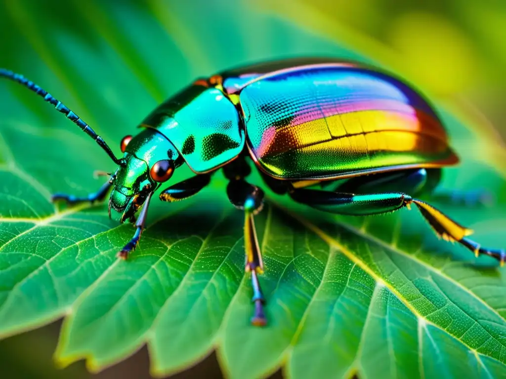 Un escarabajo iridiscente se aferra a una hoja, revelando los secretos de los insectos para entomólogos