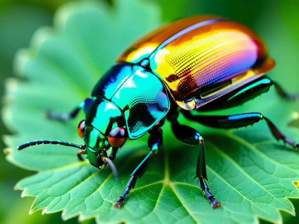 Un escarabajo iridiscente en una hoja verde, destacando la importancia de los insectos en ecología