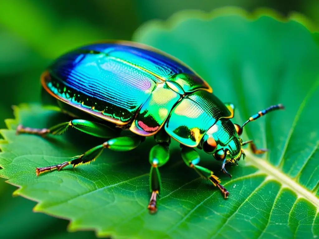 Un escarabajo iridiscente descansa en una hoja verde exuberante