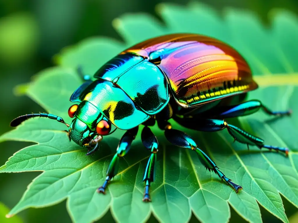 Un escarabajo iridiscente posado en una hoja verde, sus alas brillantes capturan la luz del sol