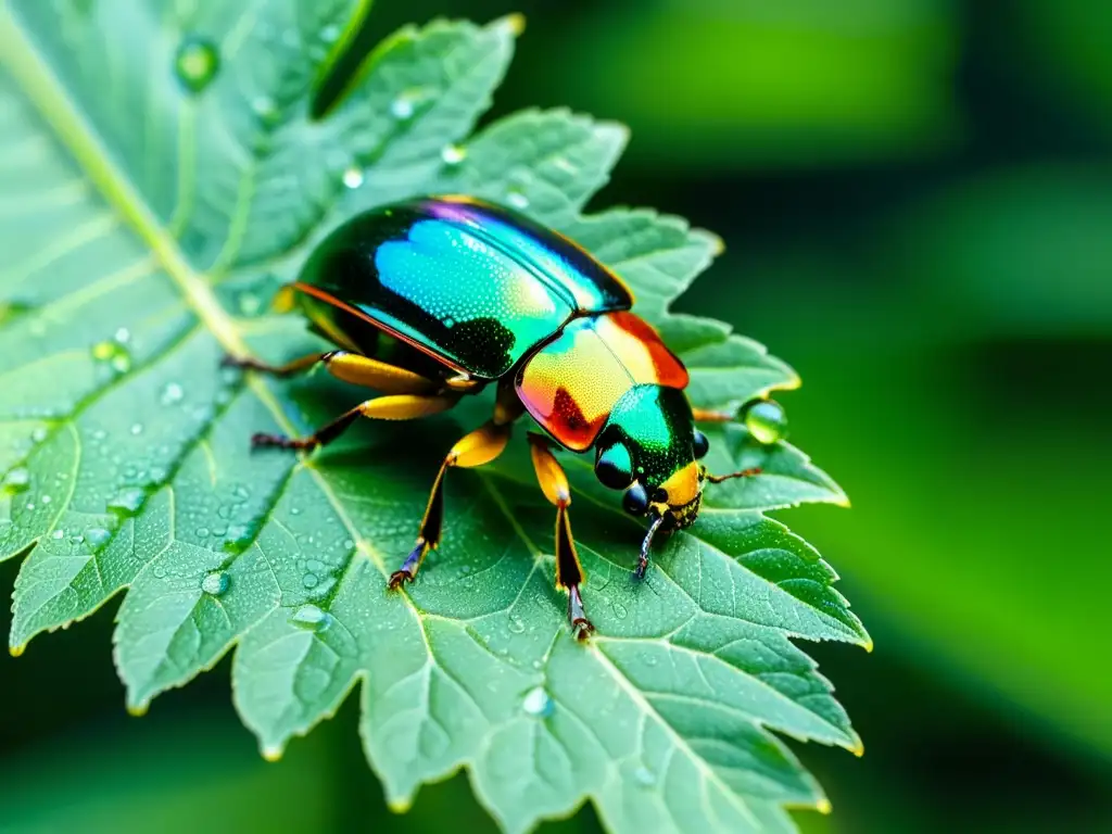 Un escarabajo iridiscente posado en una hoja verde exuberante, con gotas de agua brillantes