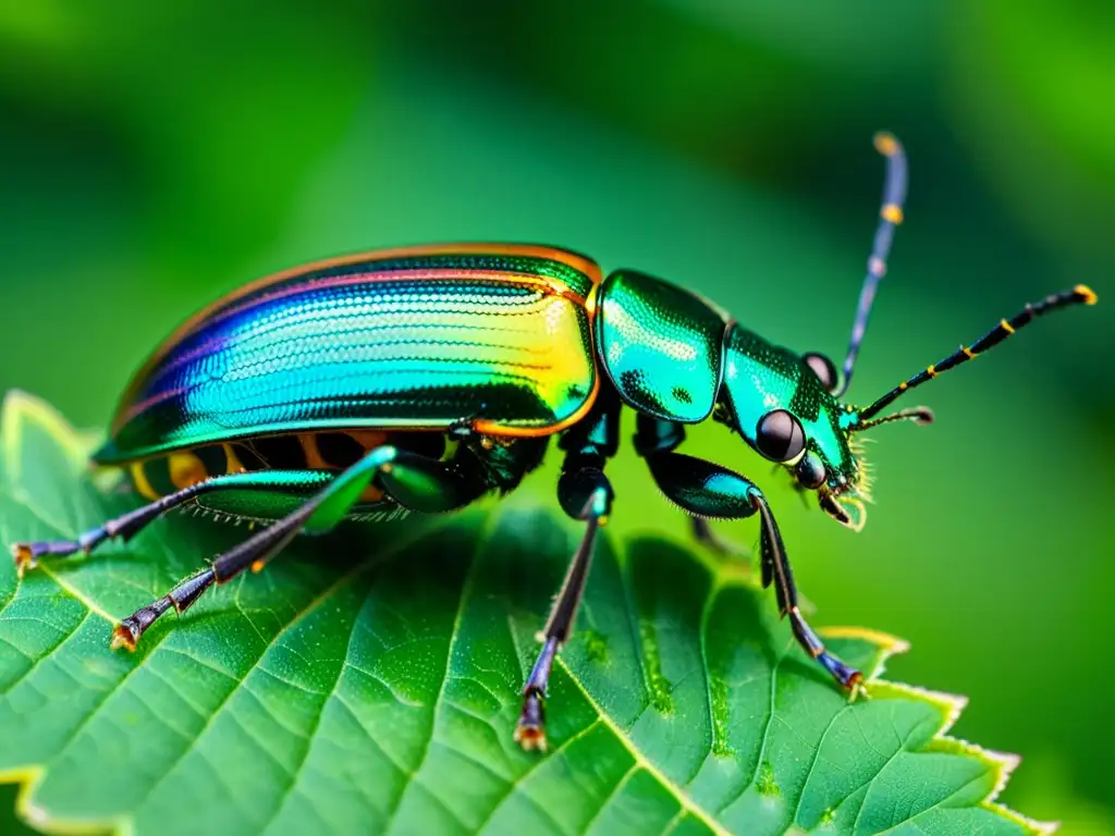 Un escarabajo iridiscente posado en una hoja, sus alas translúcidas brillando