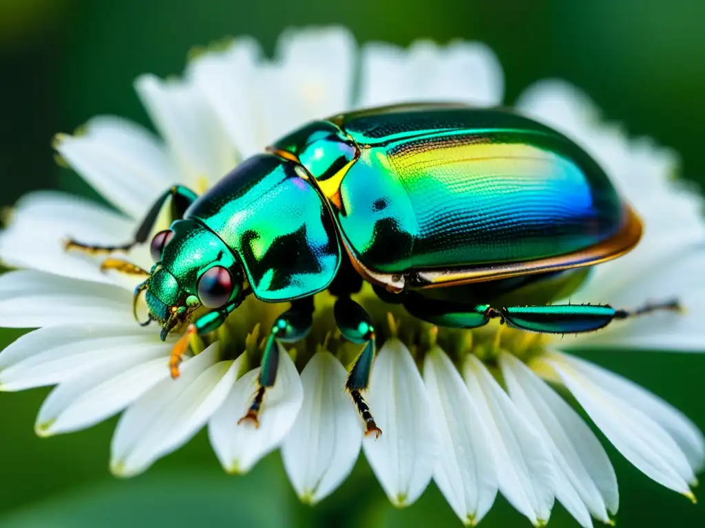 Un escarabajo iridiscente posado en un pétalo de flor con técnicas de pintura para insectos