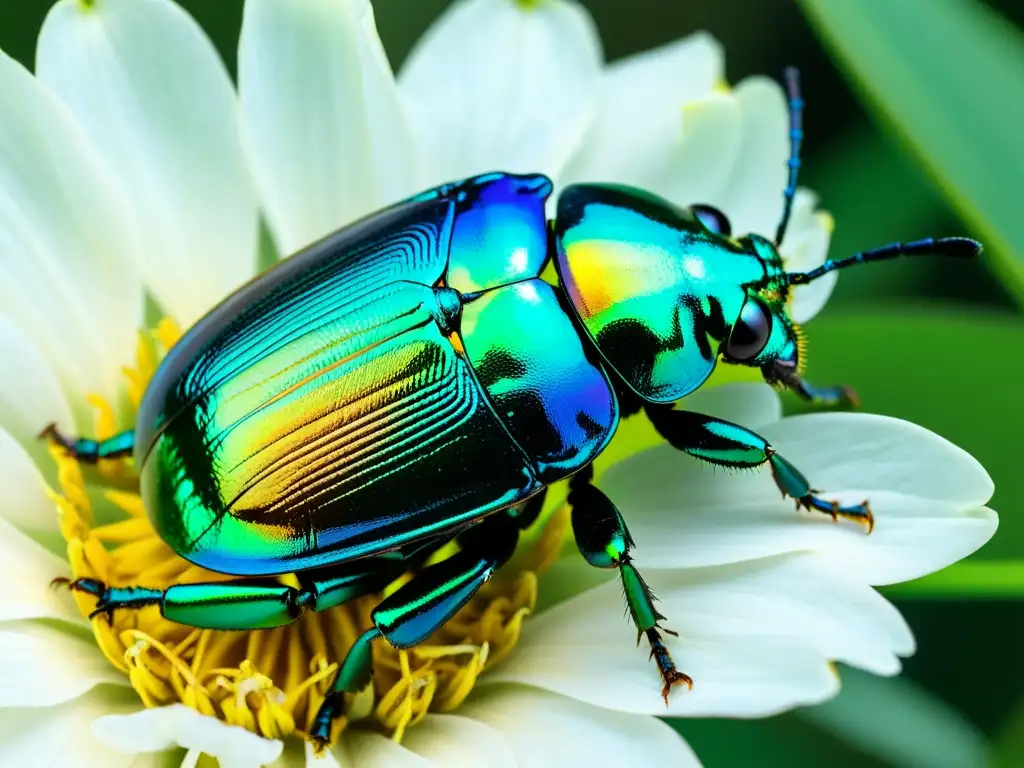 Un escarabajo iridiscente posado en un pétalo, reflejando tonos de verde, azul y oro