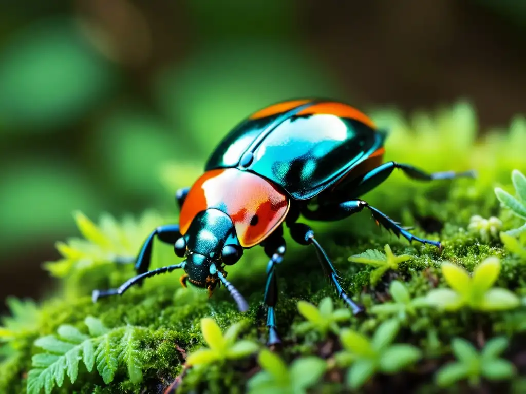 Un escarabajo iridiscente recorre raíces y suelo en un bosque, mostrando la influencia de los insectos en suelos