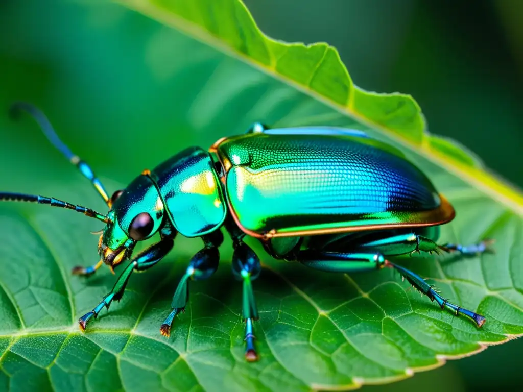 Un escarabajo iridiscente verde y azul se aferra a una hoja, mostrando su belleza frágil y asombrosa