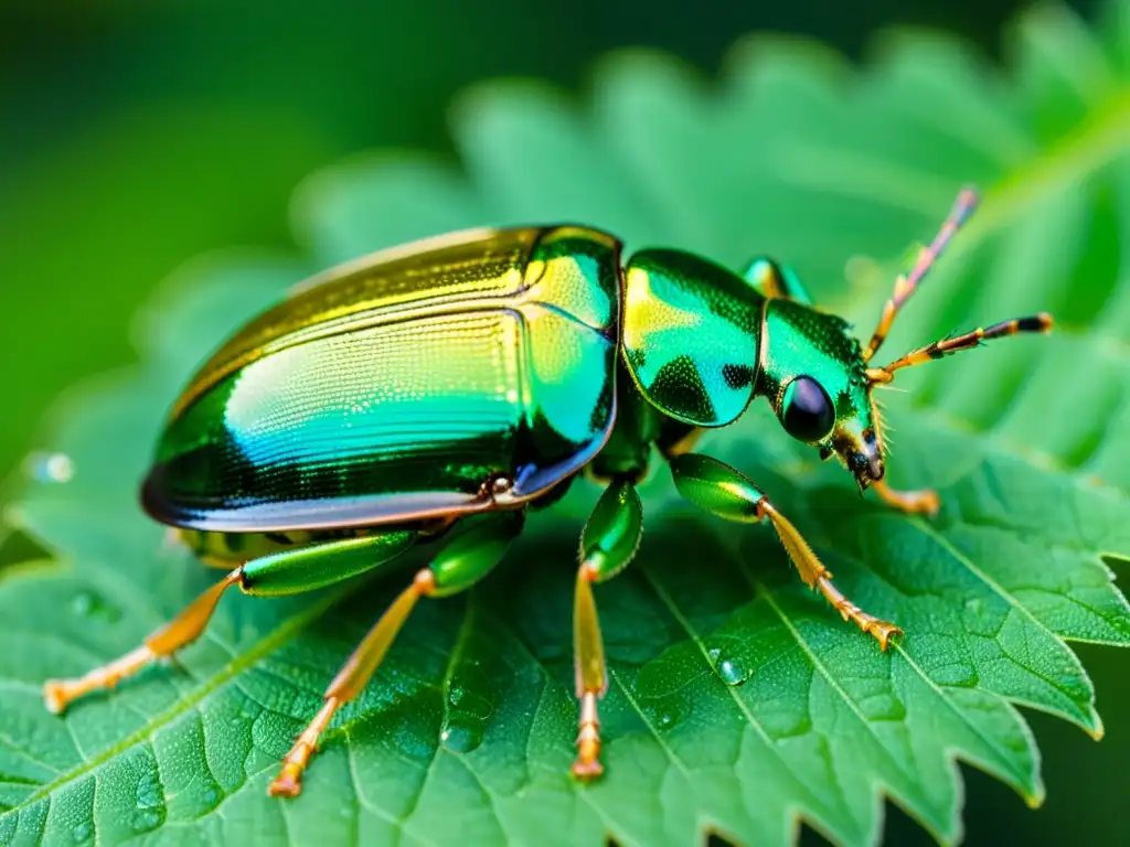 Un escarabajo iridiscente verde y dorado descansa sobre una hoja translúcida, mostrando la belleza microscópica de la vida insecto