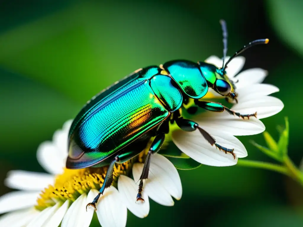 Un escarabajo iridiscente verde y negro posado en un pétalo de flor, con alas delicadas iluminadas por luz natural