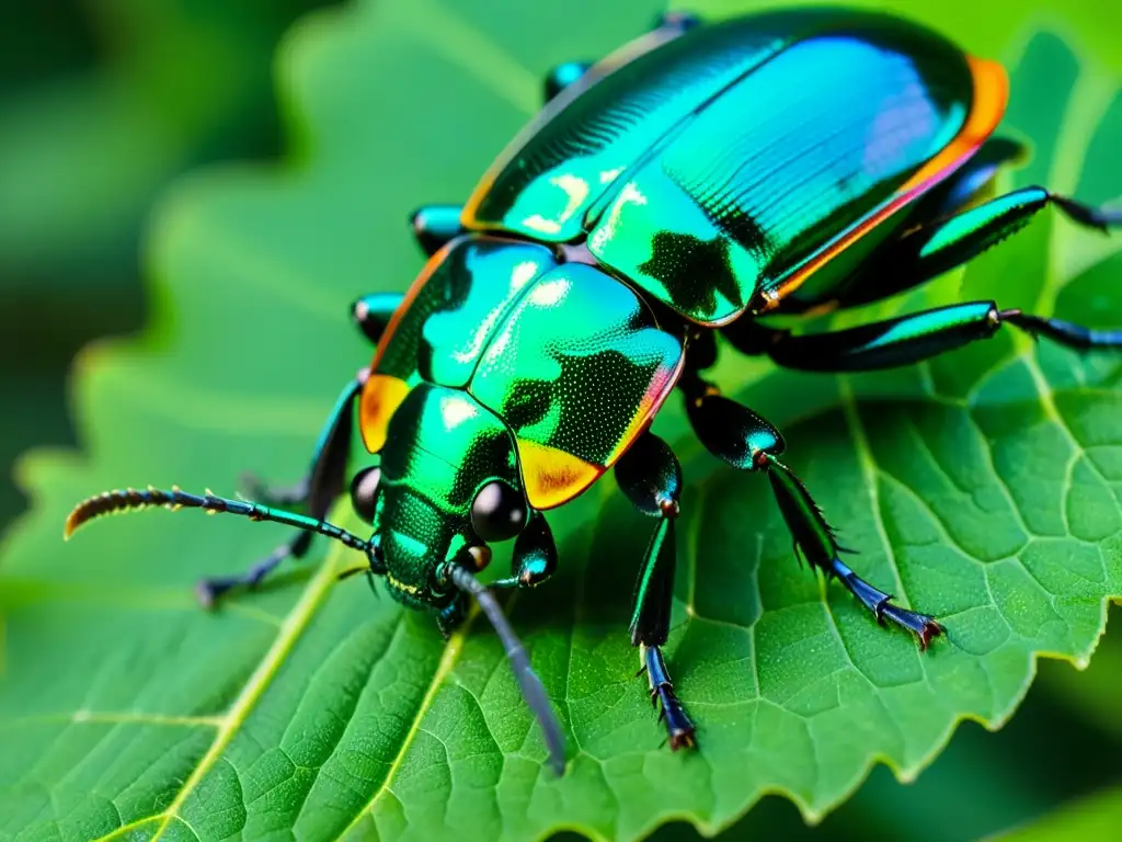 Un escarabajo iridiscente verde y negro posado en una hoja, con su exoesqueleto brillando al sol