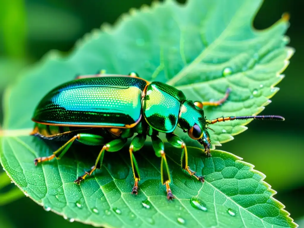 Un escarabajo iridiscente verde vibrante descansando en una hoja