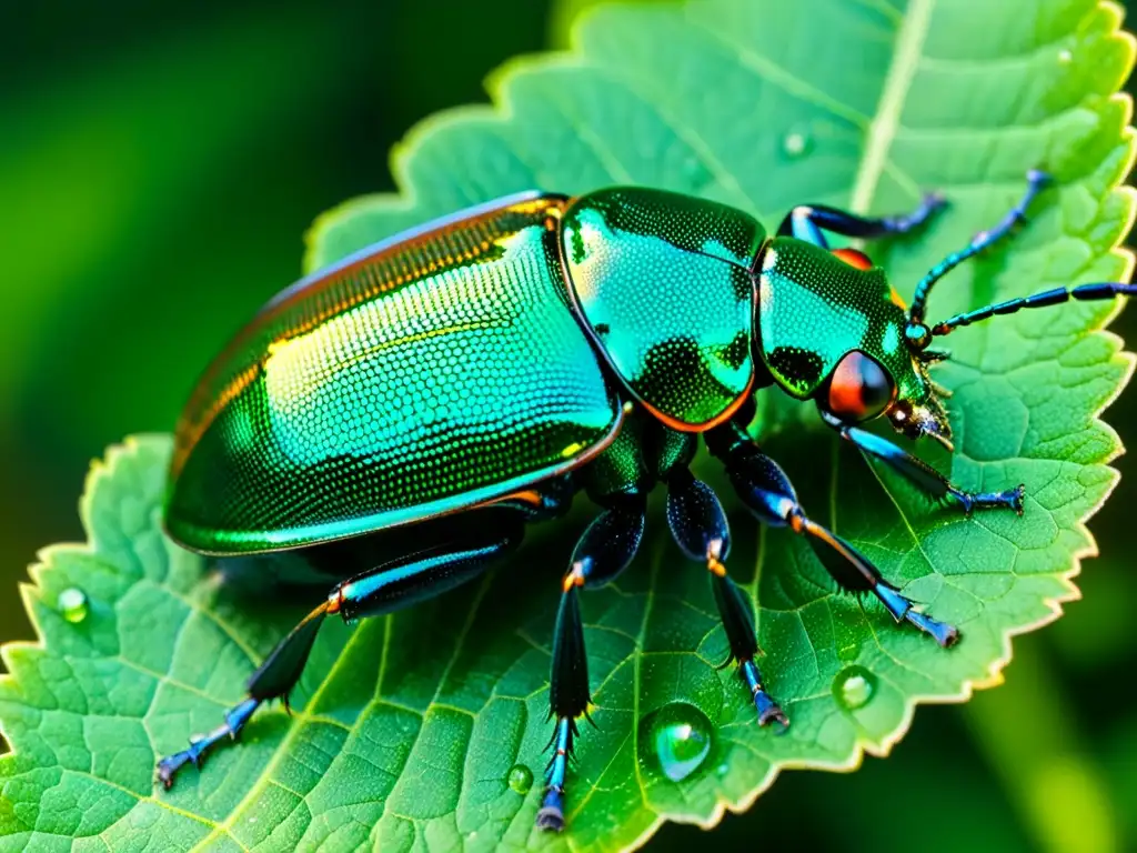 Un escarabajo irisado en una hoja verde con gotas de agua