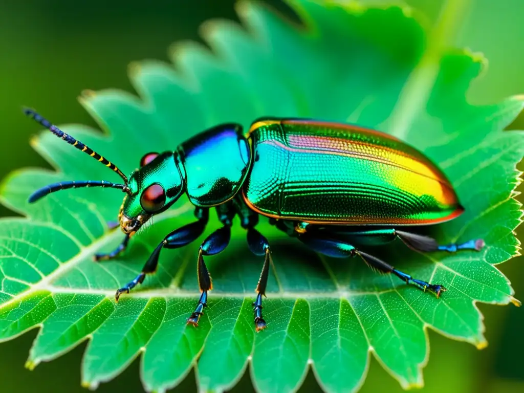 Un escarabajo joya iridiscente se posa en una hoja, mostrando la fascinante belleza de los insectos