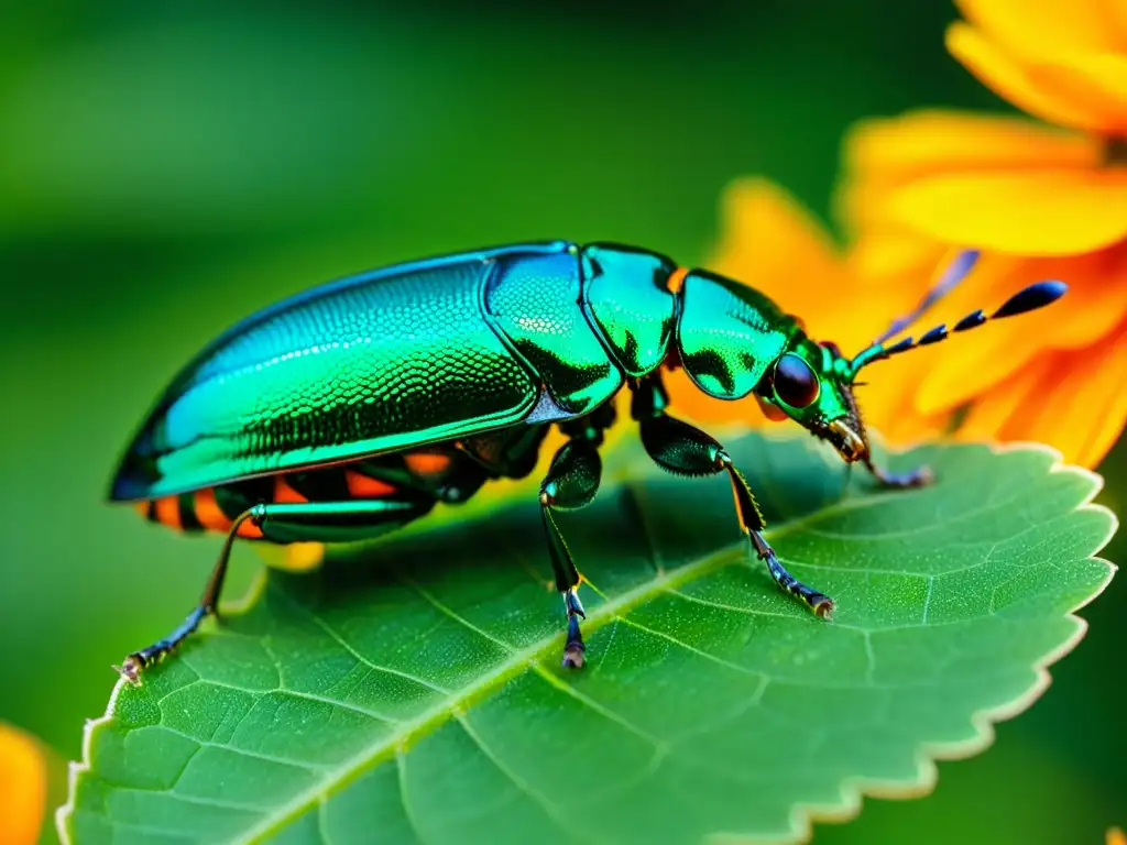 Un escarabajo joya metálico verde reposa en un pétalo de flor naranja, reflejando la luz del sol