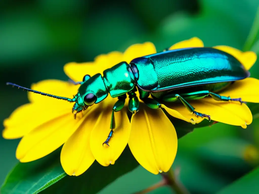 Un escarabajo joya metálico verde en alta resolución sobre pétalo amarillo, detalle de su exoesqueleto y textura de la flor