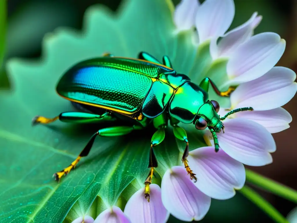 Un escarabajo joya metálico verde vibrante reposa sobre un pétalo irisado de orquídea, en un contraste de texturas y colores