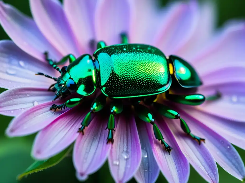 Un escarabajo metálico cubierto de gotas de agua, sobre una flor púrpura