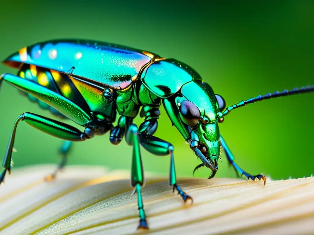 Escarabajo tigre metálico en hoja de hierba con adaptaciones de escape en insectos