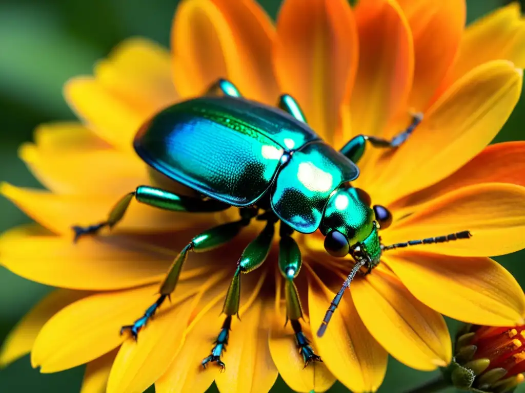 Un escarabajo metálico iridiscente en una flor naranja, reflejando la luz del sol