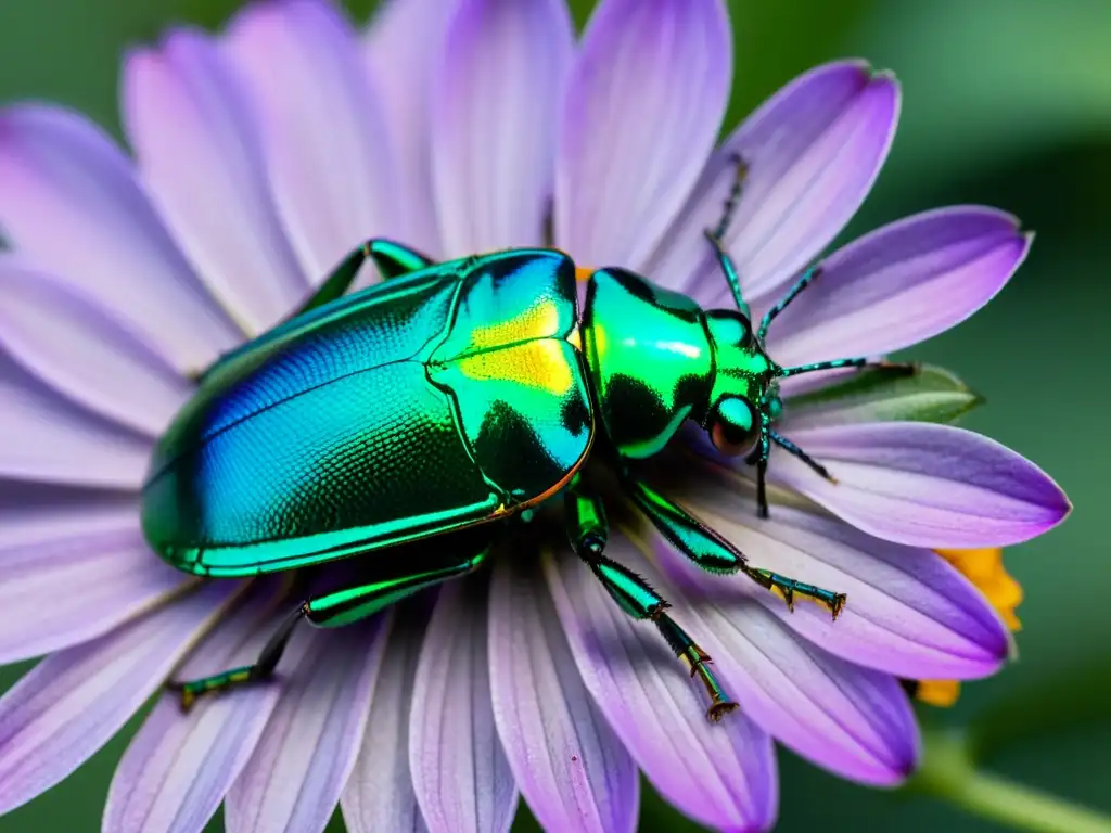 Un escarabajo metálico verde con adaptaciones únicas para el vuelo, posado en una flor morada vibrante