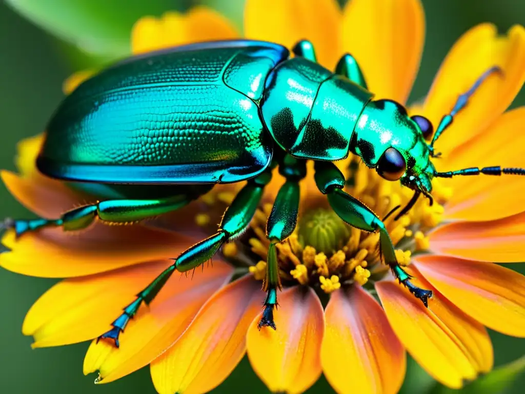 Un escarabajo metálico verde con alas iridiscentes posado en un pétalo de flor naranja