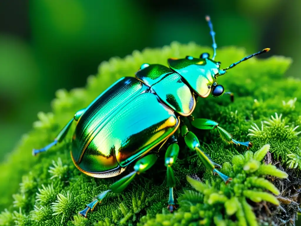 Un escarabajo metálico verde descansa en musgo, mostrando la alianza bacterias-escarabajos para la descontaminación del suelo