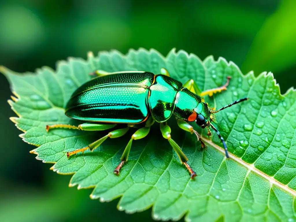 Un escarabajo metálico verde brillante reposa en una hoja translúcida