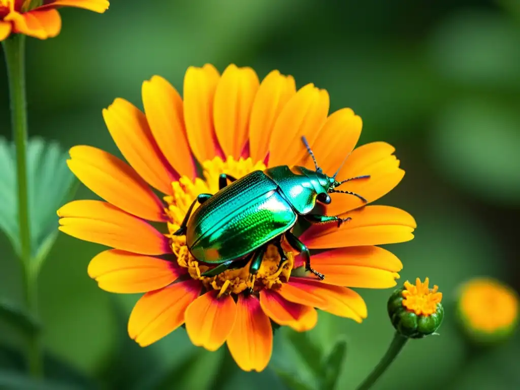 Un escarabajo metálico verde descansa en una flor naranja vibrante, con sus alas parcialmente extendidas