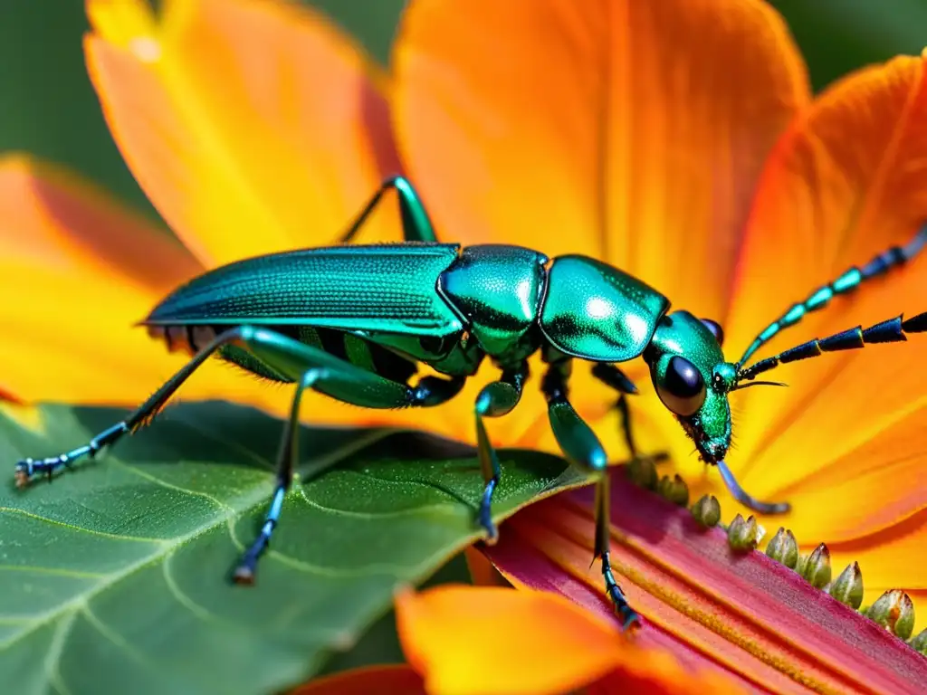 Un escarabajo metálico verde en una flor naranja, detallado y brillante