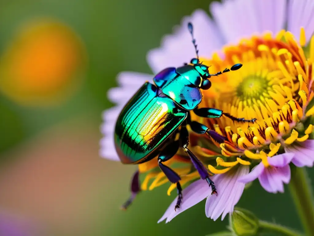 Un escarabajo metálico verde sobre una flor, mostrando sus patrones iridiscentes y las texturas de la flor