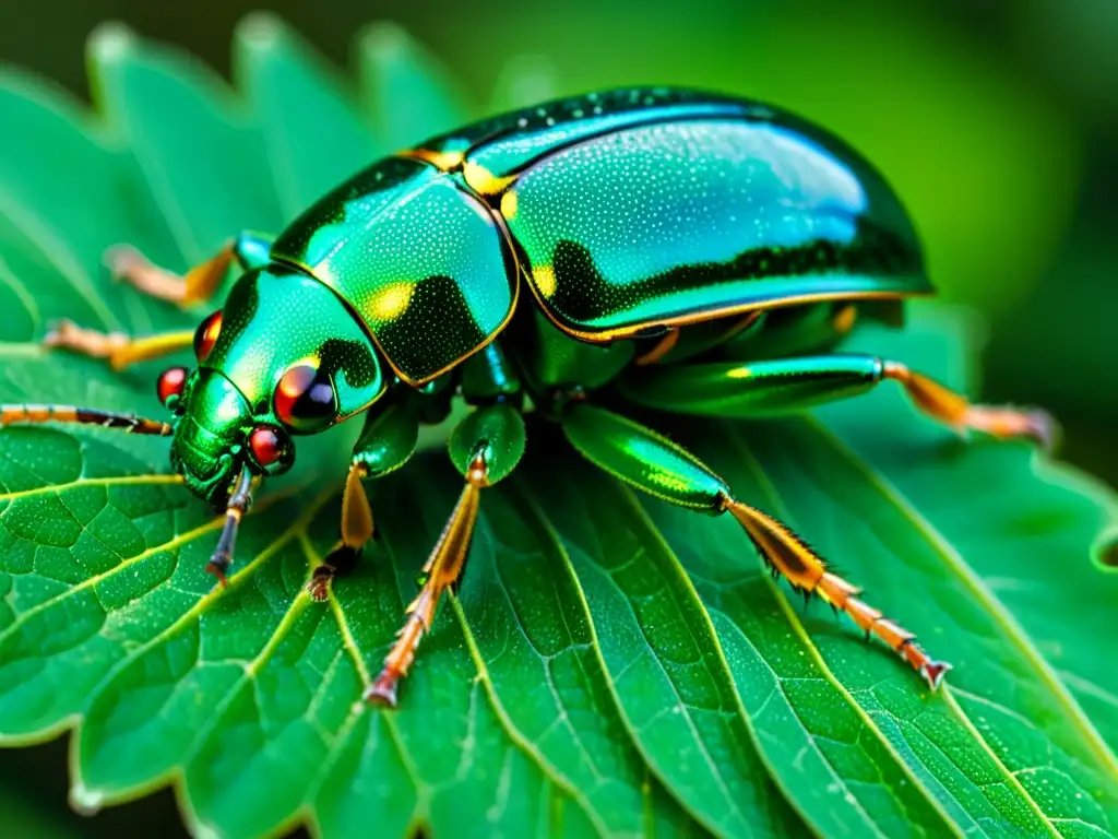 Un escarabajo metálico verde con gotas de agua, detallando su exoesqueleto iridiscente y ojos facetados