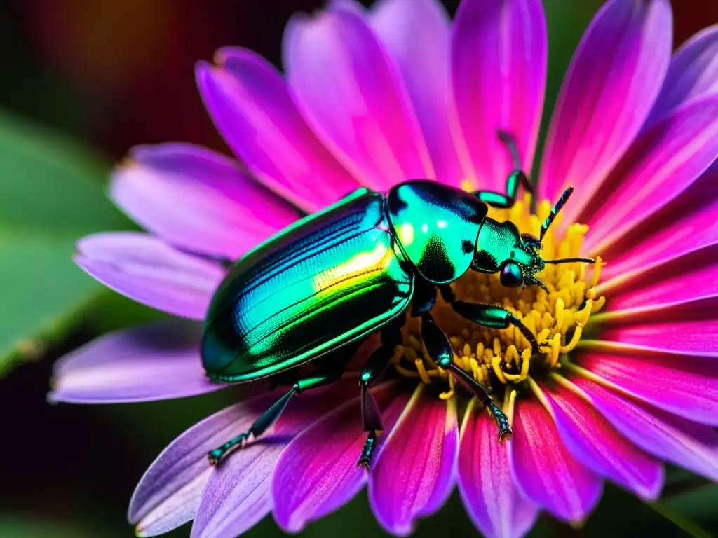 Un escarabajo metálico verde iridiscente en una flor rosa y morada