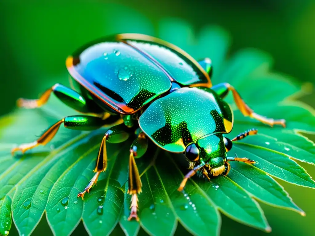 Un escarabajo metálico verde iridiscente cubierto de gotas de agua, posado en una hoja verde brillante