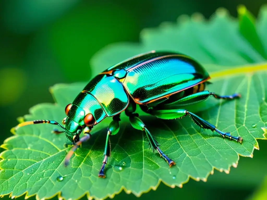 Un escarabajo metálico verde iridiscente descansa en una hoja, con detalles de su exoesqueleto y alas translúcidas