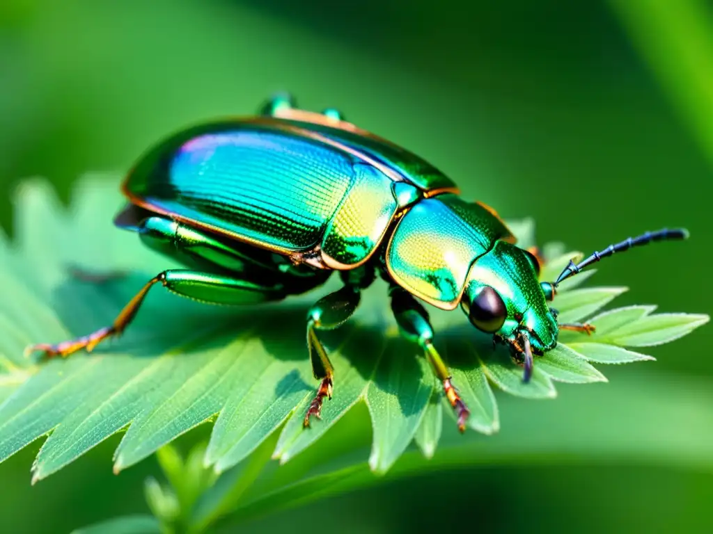 Un escarabajo metálico verde iridiscente descansa sobre una brizna de hierba, con sus alas brillantes