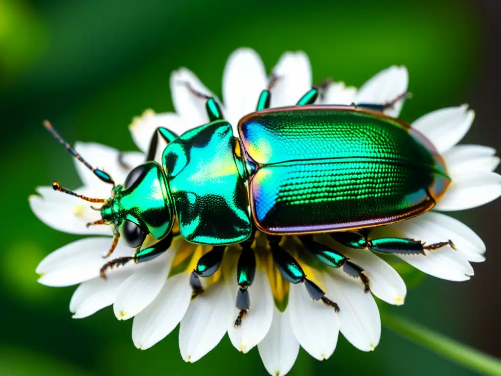 Un escarabajo metálico verde y negro en un pétalo de flor