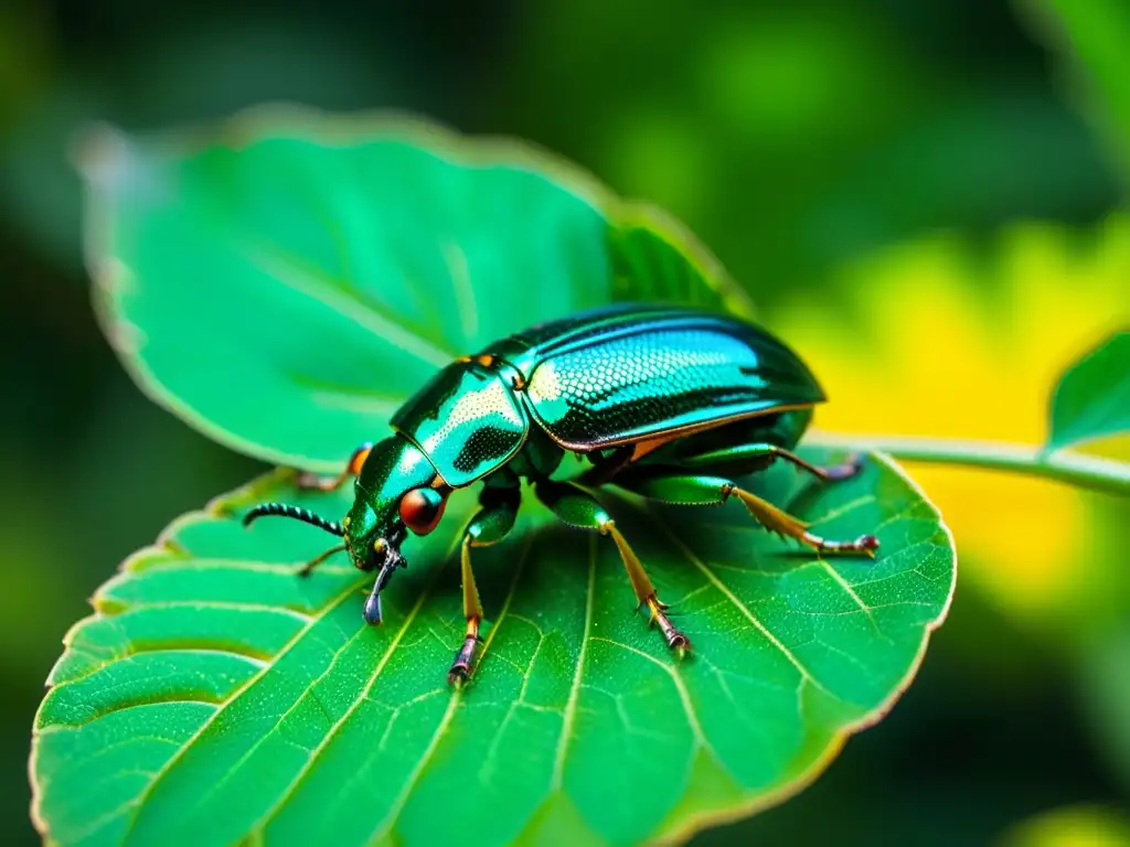 Un escarabajo metálico verde con patrones iridiscentes en su caparazón, aferrado a una hoja en un bosque tropical vibrante