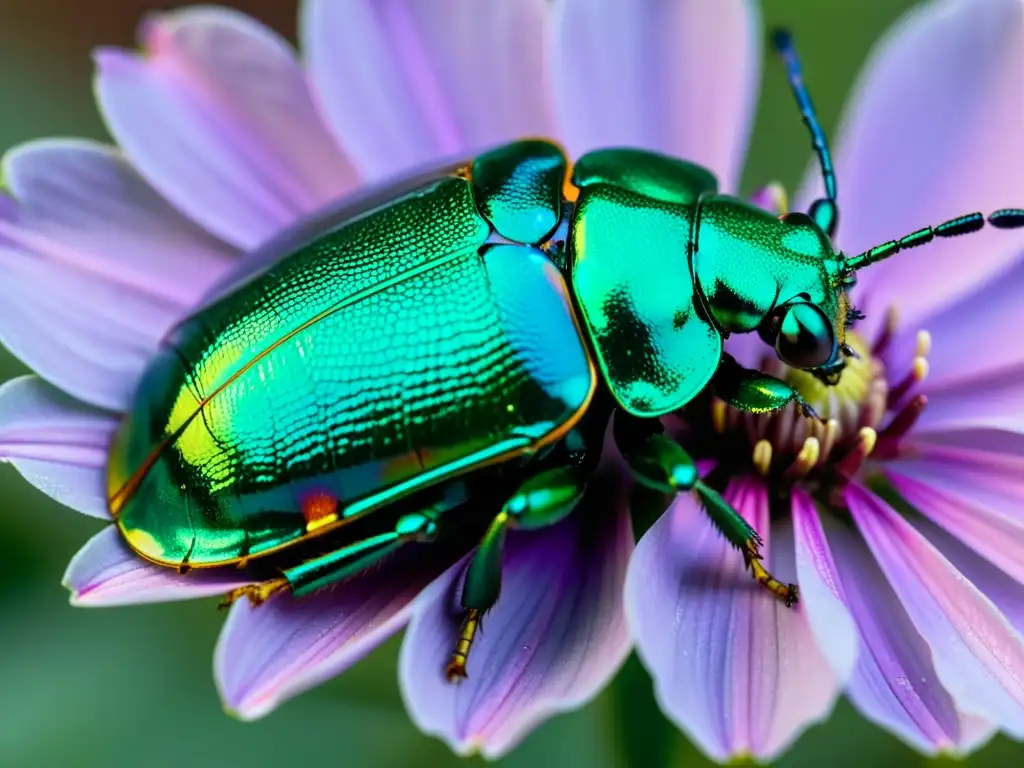 Un escarabajo metálico verde reposa en un pétalo de flor morada