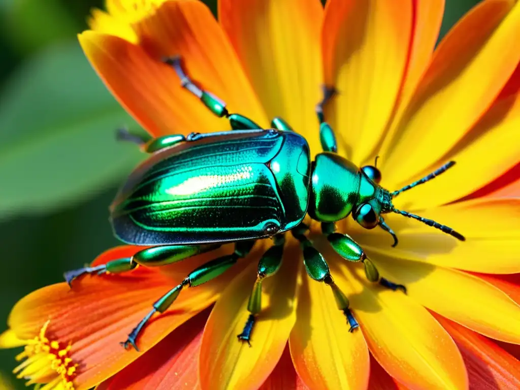 Un escarabajo metálico verde descansa en un pétalo naranja, con su exoesqueleto brillante al sol y alas iridiscentes parcialmente extendidas