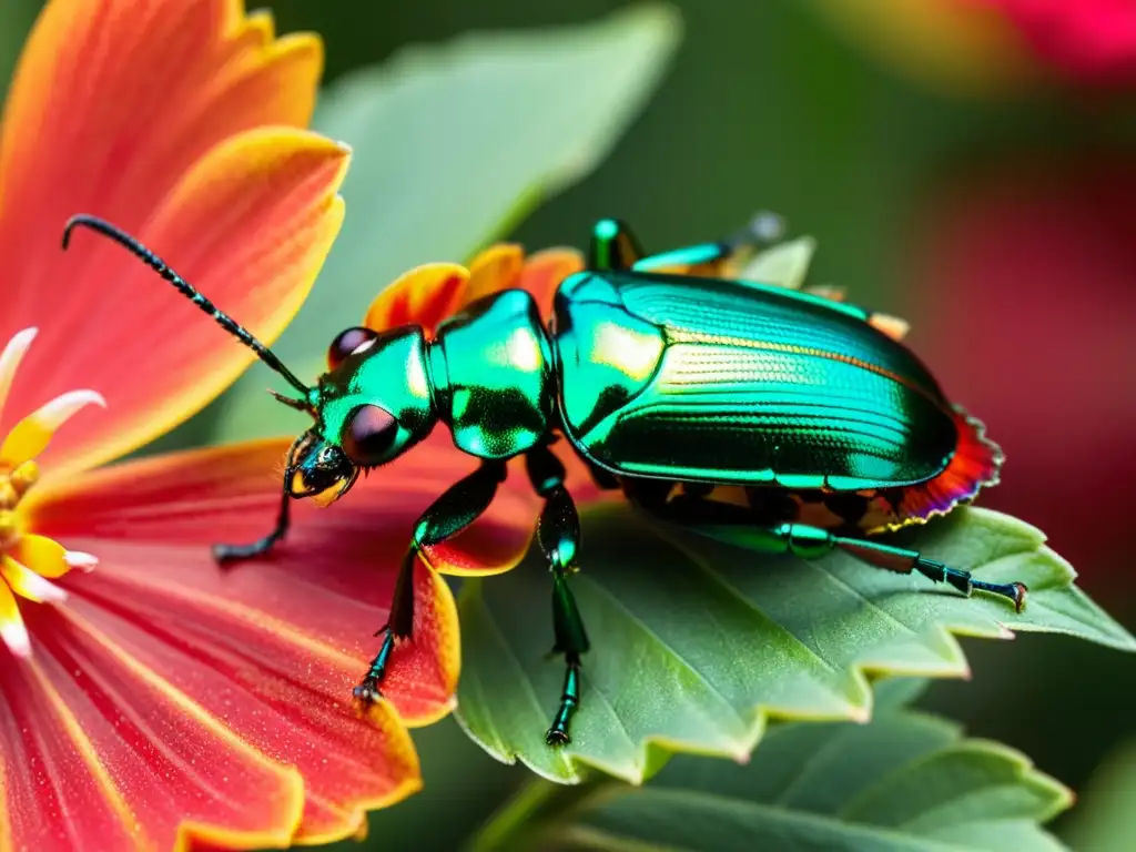 Un escarabajo metálico verde se aferra a un pétalo rojo brillante, reflejando la luz del sol