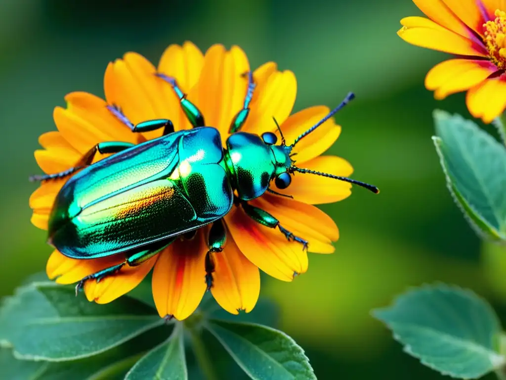 Un escarabajo metálico verde posado en una flor naranja brillante, con detalles precisos