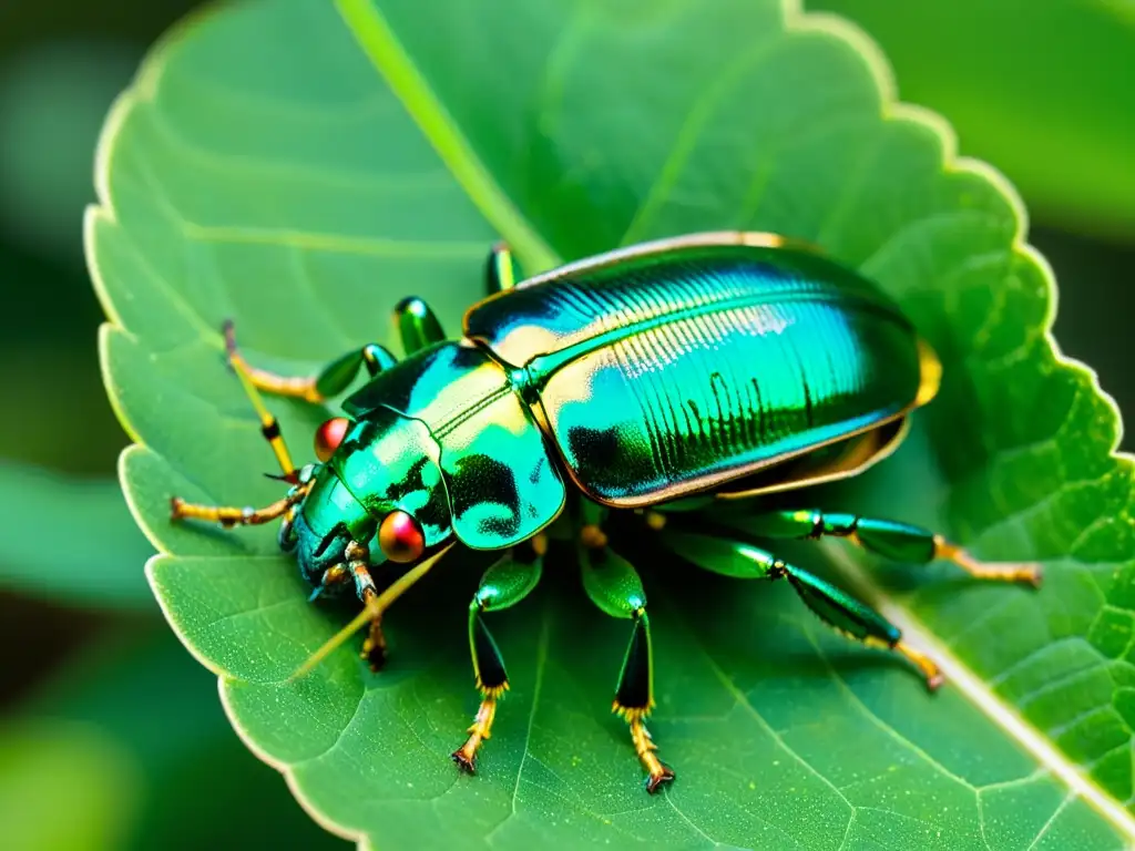 Un escarabajo metálico verde posado en una hoja, con su exoesqueleto iridiscente y ojos compuestos