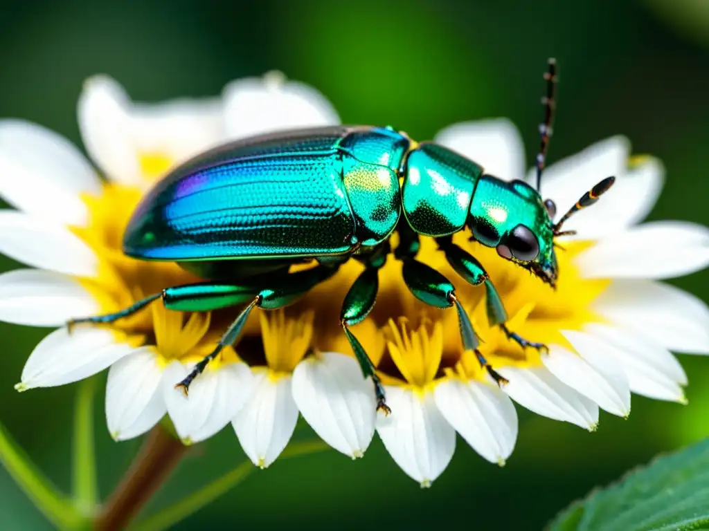 Un escarabajo metálico verde vibrante posado en un pétalo de flor, mostrando sus detalles iridiscentes