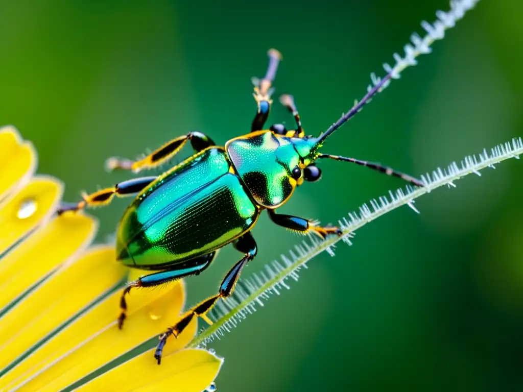 Un escarabajo metálico verde vibrante sobre una tela de araña, con reflejos iridiscentes bajo la luz del sol