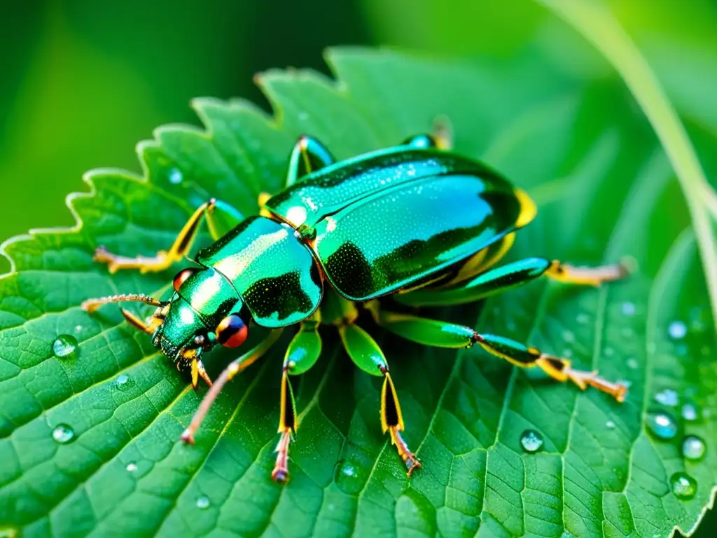 Un escarabajo metálico verde vibrante descansa en una hoja, mostrando su intrincado caparazón iridiscente y antenas delicadas