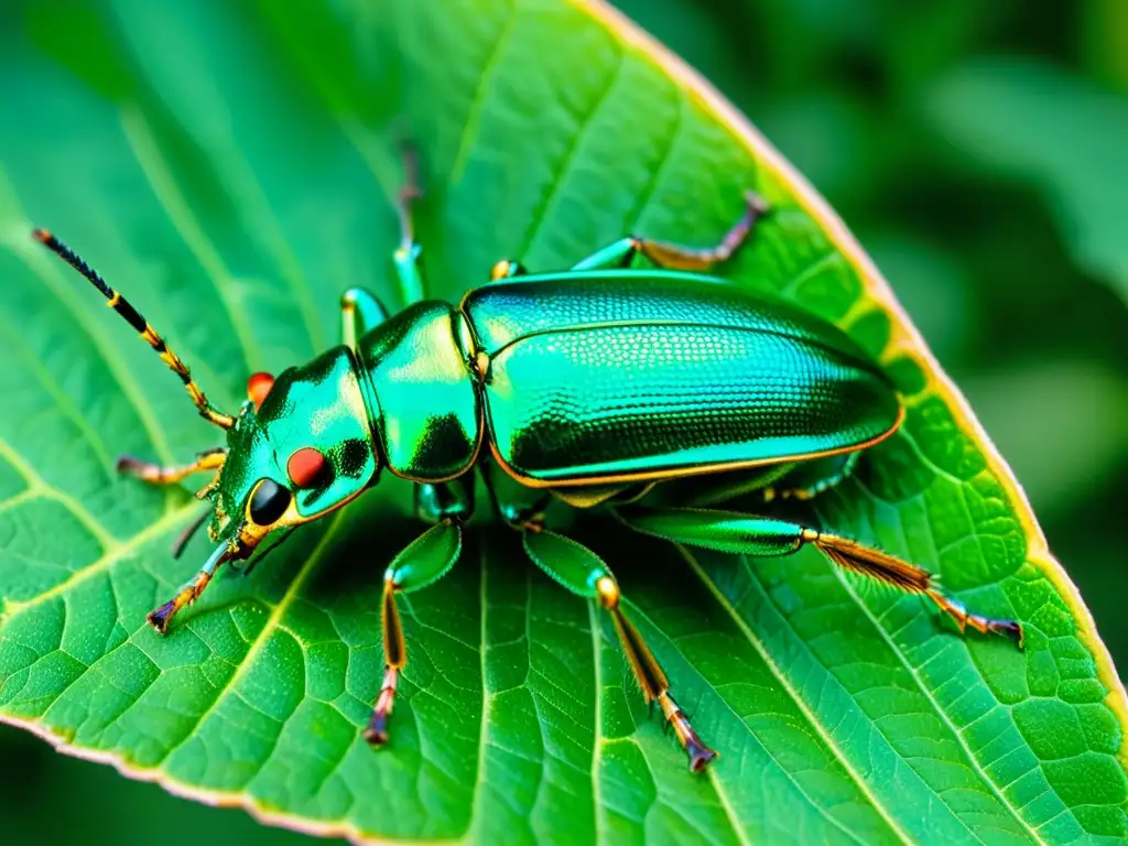 Un escarabajo metálico verde vibrante posado en una hoja, con detalles iridiscentes en su exoesqueleto