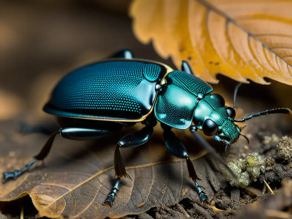 Un escarabajo oscuro se arrastra entre hojas en descomposición, sus alas translúcidas capturan la luz