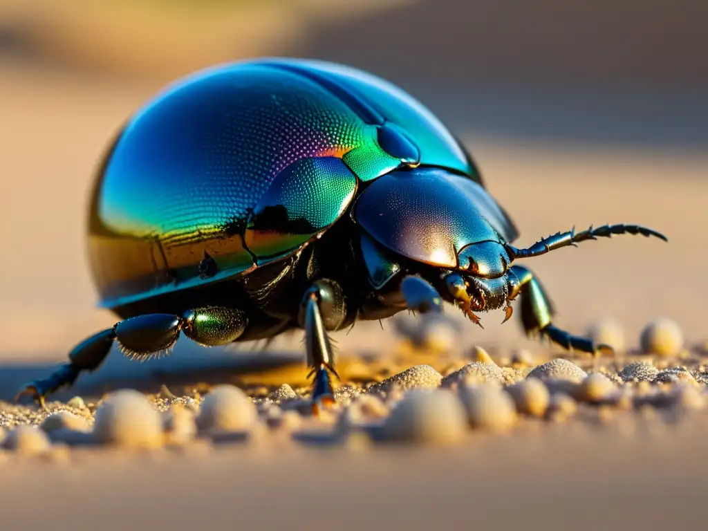 Un escarabajo pelotero iridiscente rueda una esfera de estiércol en el desierto, mostrando su comportamiento viaje escarabajos peloteros