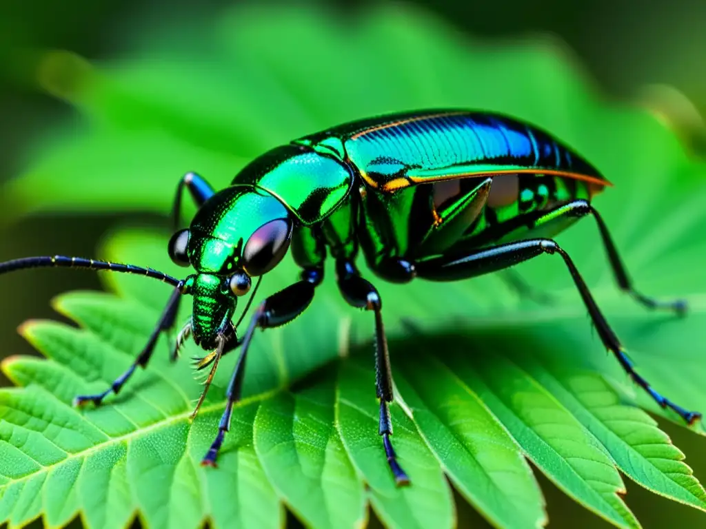 Un escarabajo tigre verde y negro (Cicindela aurulenta) descansa en una hoja, con su exoesqueleto iridiscente brillando bajo el sol